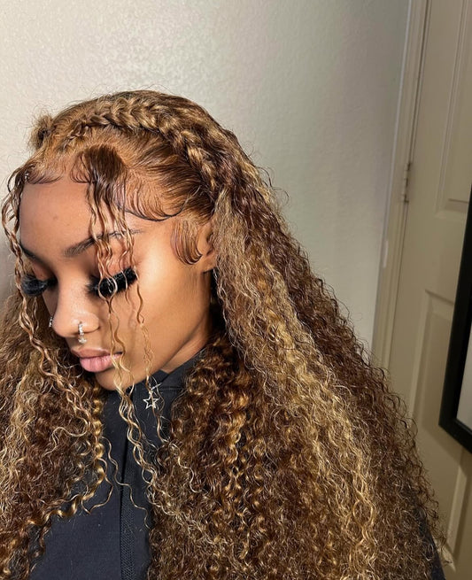 Honey blonde Burmese Curly Wig Human Hair Pre-plucked